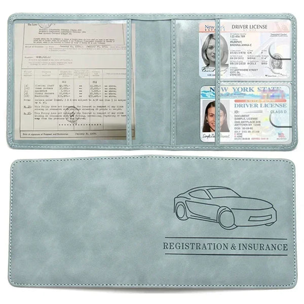 A light blue PU leather glove box wallet organizer holding various driver's licenses and documents.