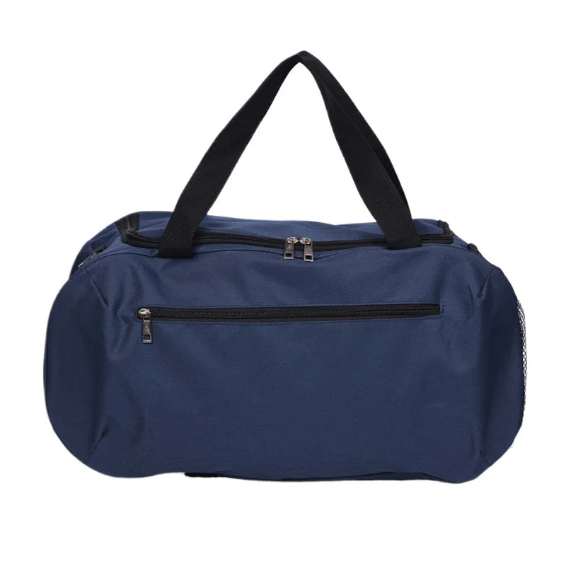 Navy waterproof sports duffel bag with black carrying straps
