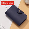 A dark blue premium PU leather ID and credit card wallet shown in a diagonal angle on a light background.