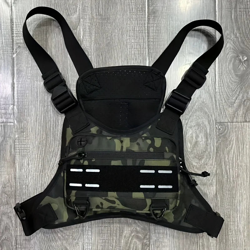 Black tactical chest rig vest bag with camouflage pattern and multiple pouches