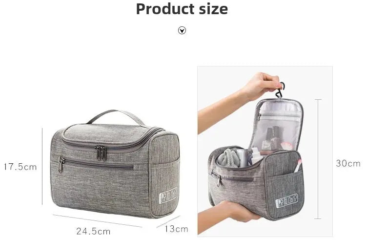 A gray portable toiletry bag shown in various sizes, including a larger zippered version and a smaller clear-top version.