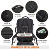 Black expandable travel backpack featuring various features like durable material, secure buckles, breathable padding, and lu