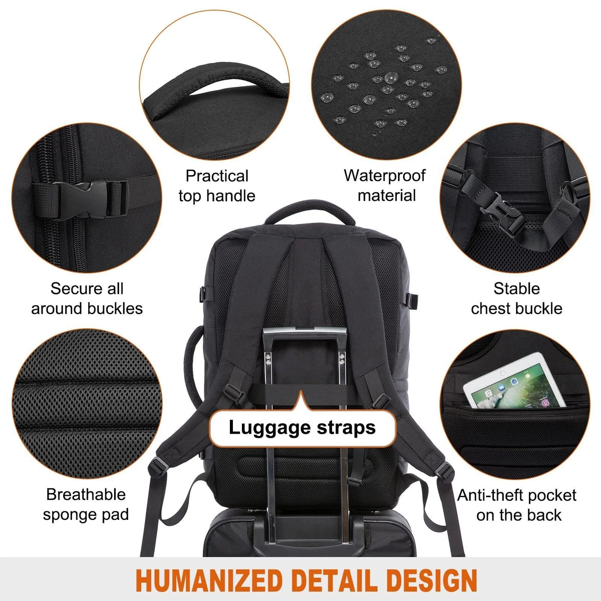 Black expandable travel backpack featuring various features like durable material, secure buckles, breathable padding, and lu
