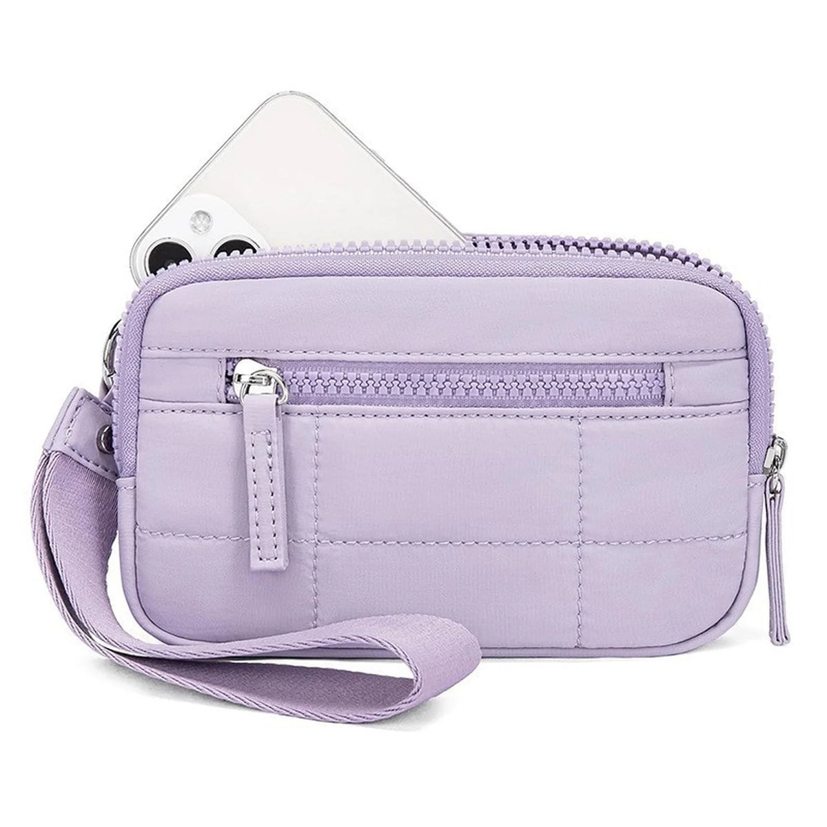 Bolso cruz acolchado morado claro con cremallera y smartphone adjunto, visto de lado.
