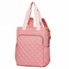 A pink quilted women's backpack tote with pink straps.