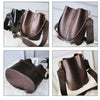 A brown alligator pattern leather crossbody bag shown in multiple angles on a white fluffy surface.