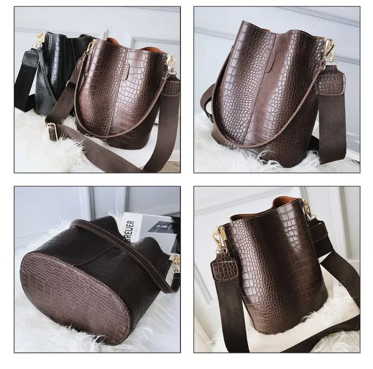 A brown alligator pattern leather crossbody bag shown in multiple angles on a white fluffy surface.