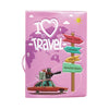 A pink passport cover featuring a heart design and signs pointing to various international cities like New York, London, Pari
