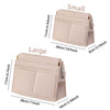 A comparison of a small and large multi-pocket felt purse organizer in a light pink color showing different dimensions.