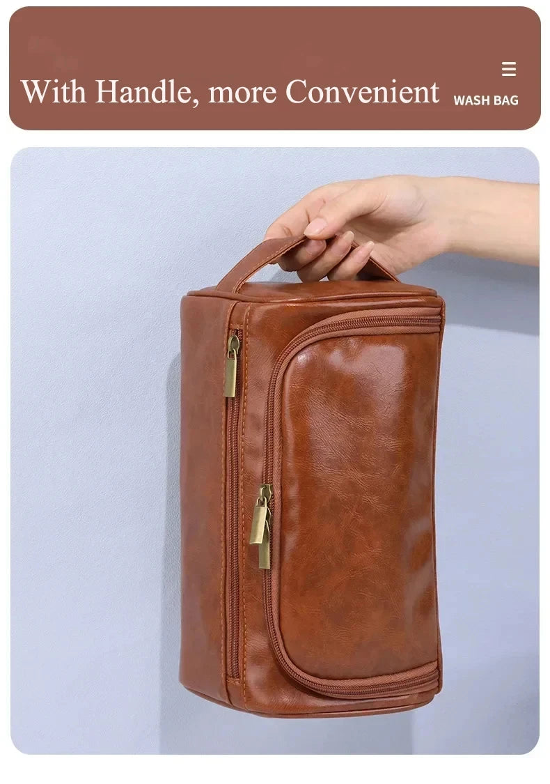 A brown leather wash bag with a handle is shown being held, demonstrating its convenient design.