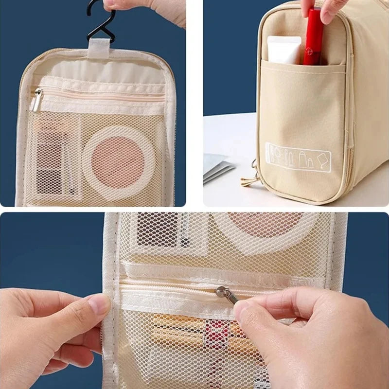 A beige multi-compartment travel pouch with mesh pockets and floral print details is shown being opened.