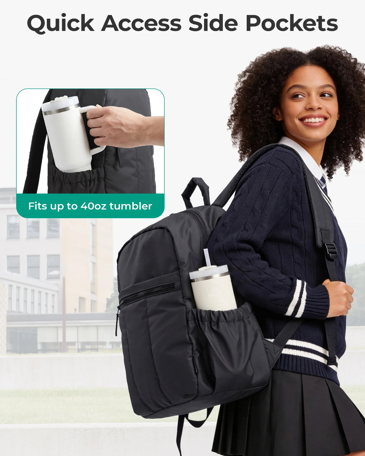A woman wearing a navy cardigan and skirt carries a black laptop backpack with side pockets, demonstrating its capacity for a