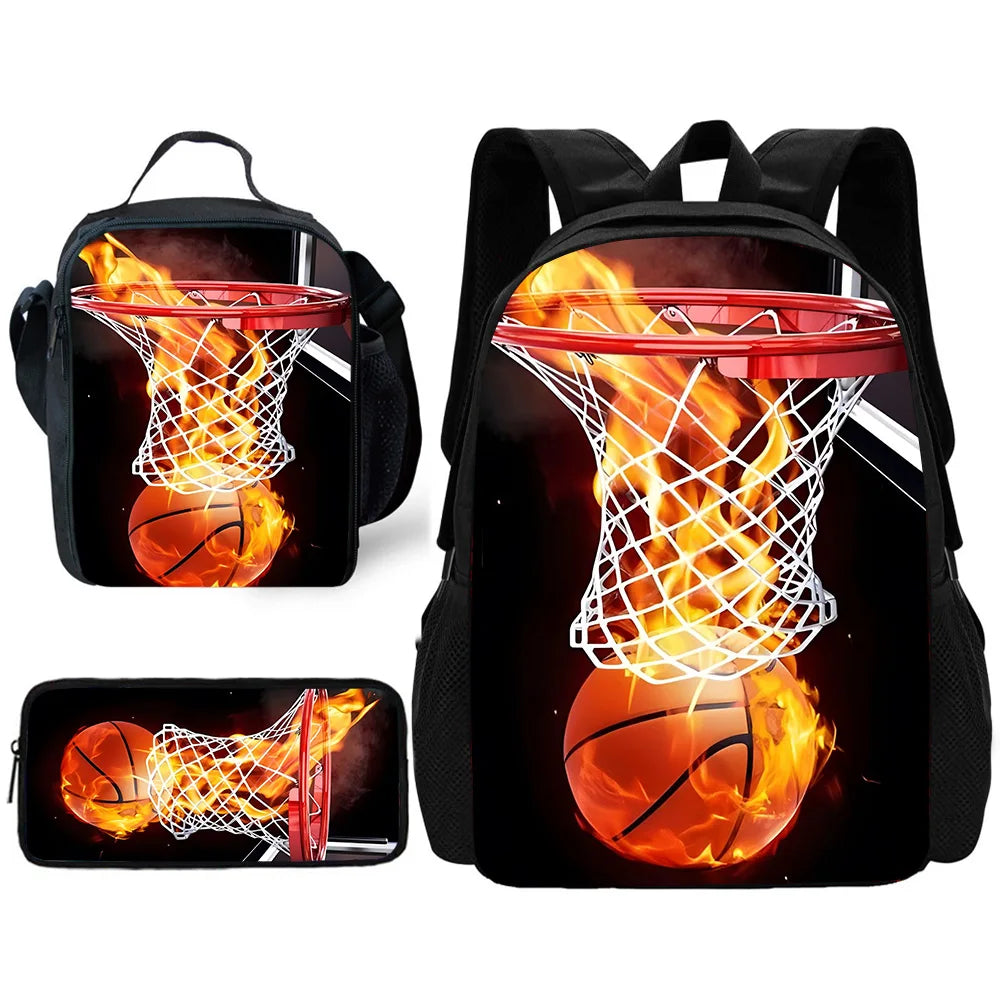 A black sports backpack featuring a graphic of a glowing orange basketball net on the front.