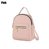 A pink waterproof PU mini backpack with a zippered front pocket and shoulder straps.