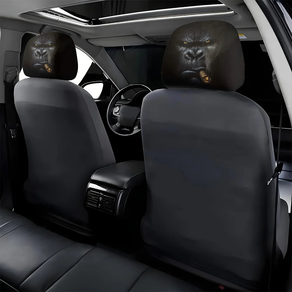 Two silicone car headrest covers in a dark brown color are shown installed in the back seat of a vehicle.
