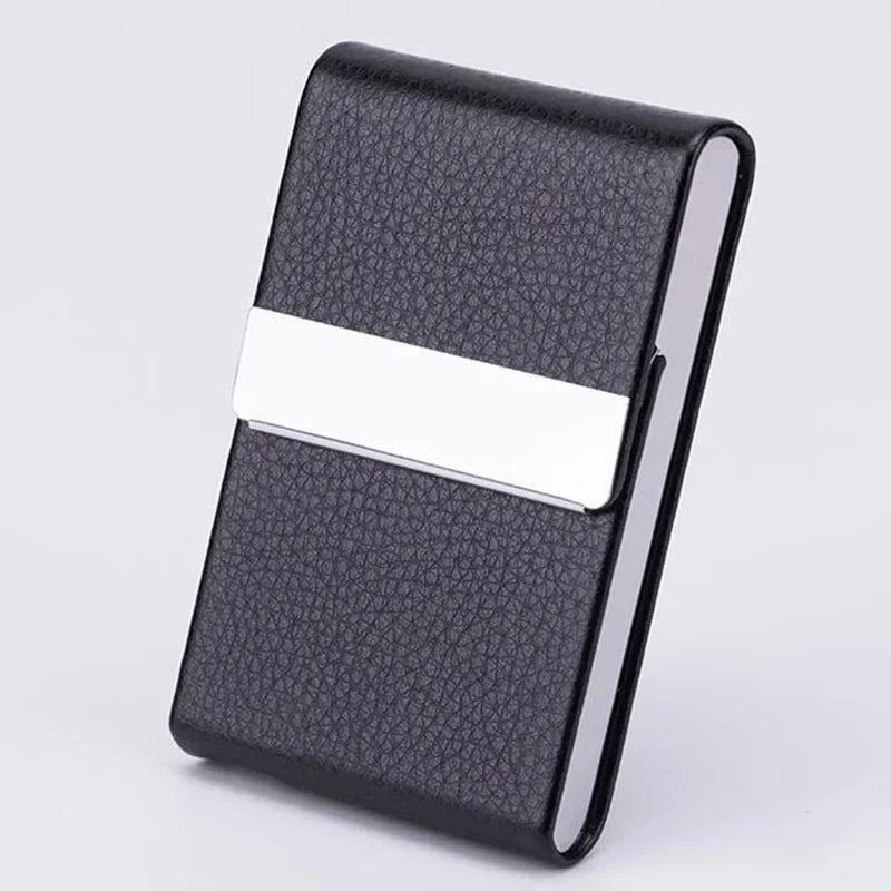 A black PU leather business card holder with a silver accent strip, shown from the side.