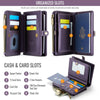 Cartera elegante morada para pasaporte con varios compartimentos para tarjetas, efectivo y documentos.