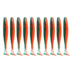 A row of ten adjustable soft lure fishing tackle, featuring orange bodies with green accents.