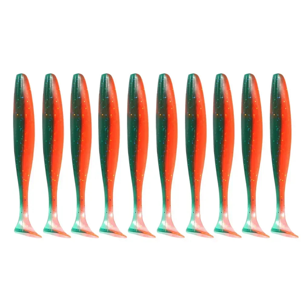 A row of ten adjustable soft lure fishing tackle, featuring orange bodies with green accents.