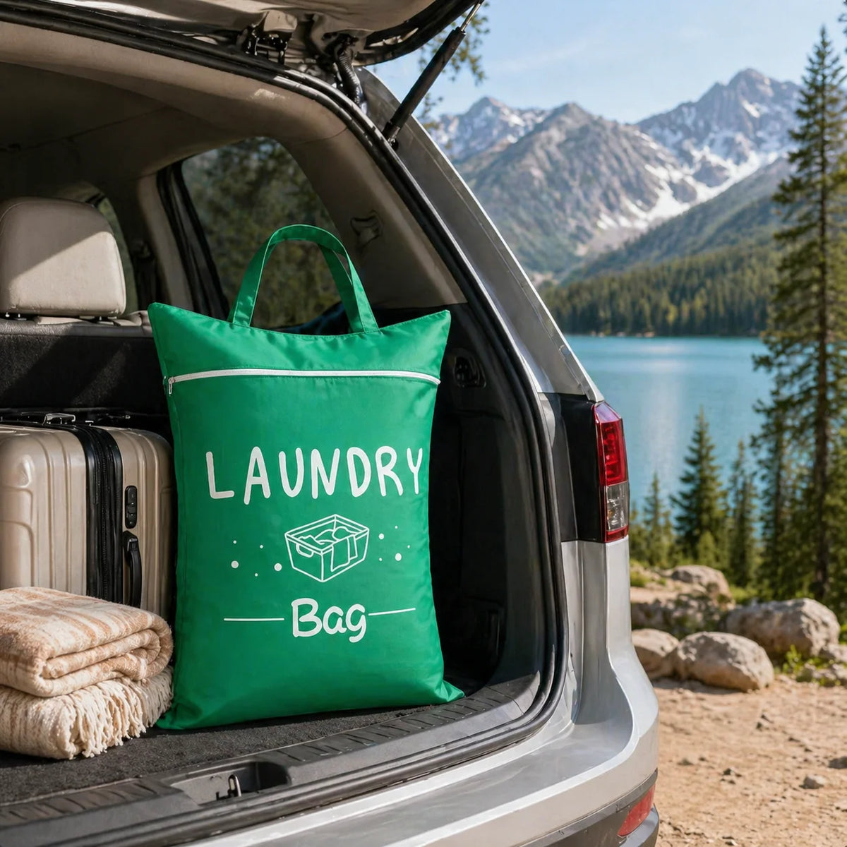 A green laundry bag is placed in the trunk of a silver SUV with a scenic mountain and lake view in the background.