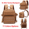 A brown 9L mini tactical backpack shown in various color options, displayed in multiple views.