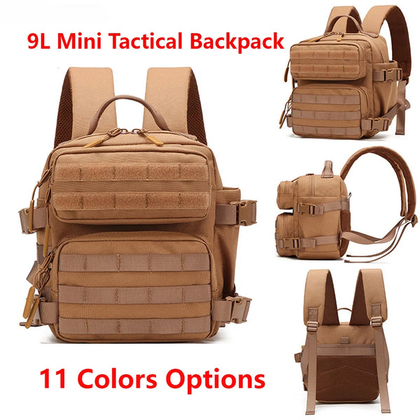 A brown 9L mini tactical backpack shown in various color options, displayed in multiple views.