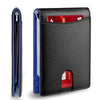 Black slim synthetic leather bifold wallet with red accents and blue lining
