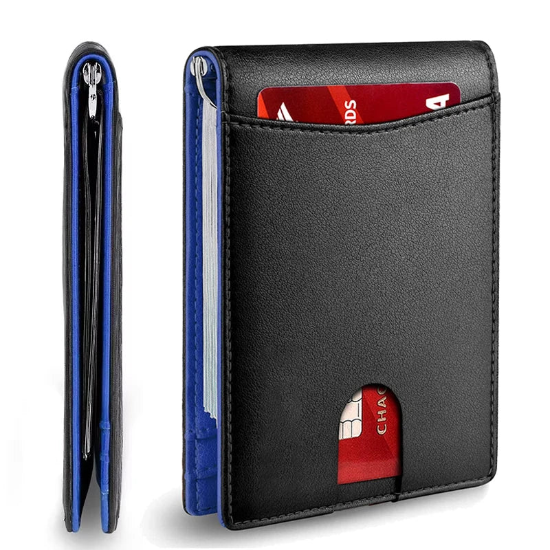 Black slim synthetic leather bifold wallet with red accents and blue lining