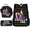 Sac à dos noir avec un motif de gorille coloré à l'avant et une pochette assortie à fermeture éclair.