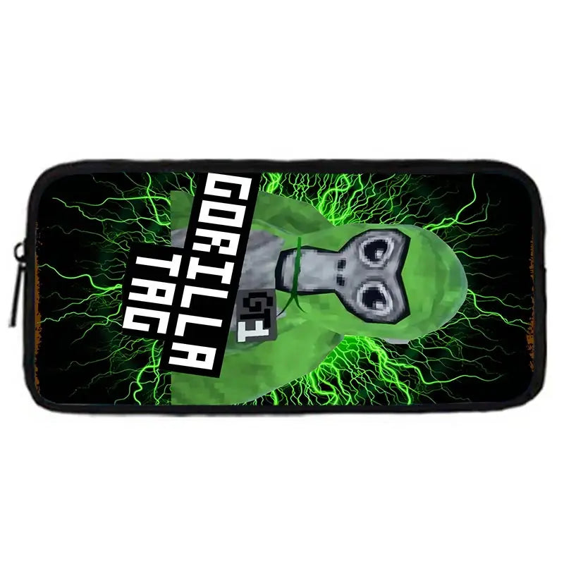 Pochette noire zippée avec un visage de gorille cartoon vert et des effets de foudre vert électrique.