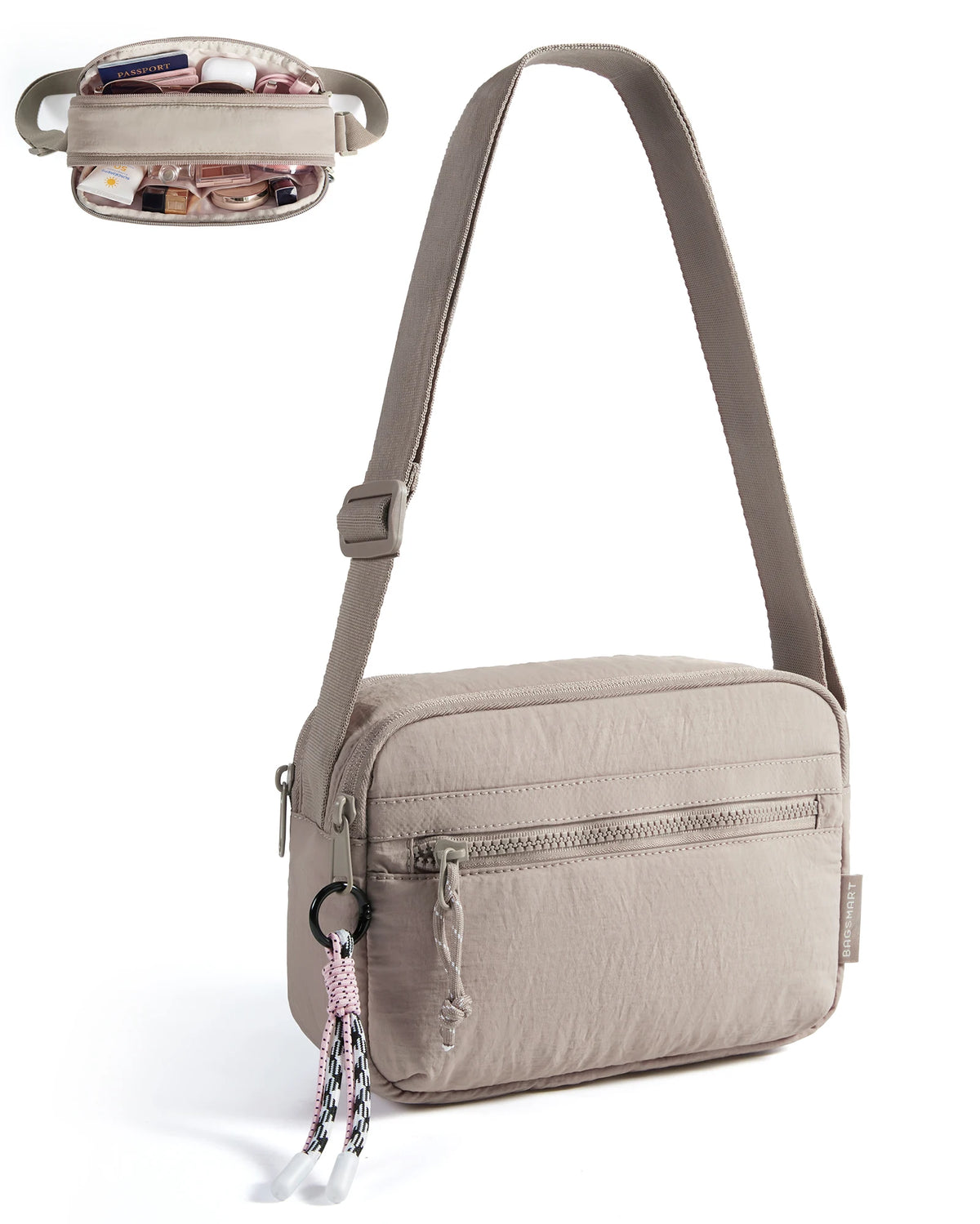 A beige crossbody shoulder bag with a padded flap and a braided tassel detail.