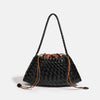 A black handwoven PU shoulder bag with a braided strap and drawstring closure.