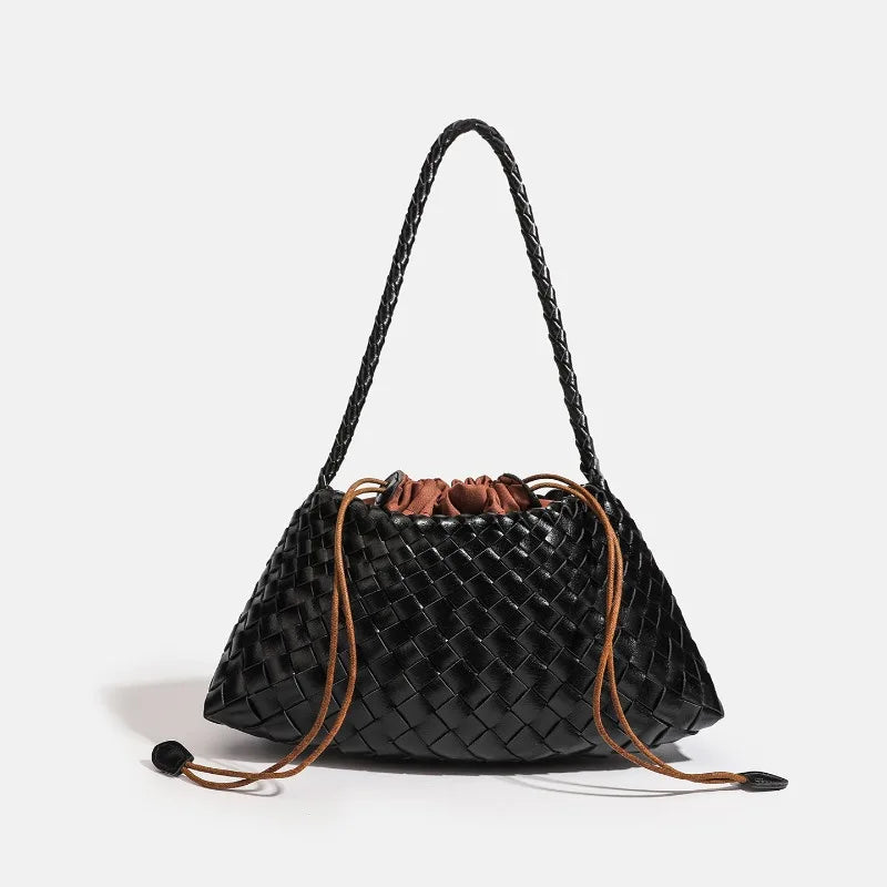 A black handwoven PU shoulder bag with a braided strap and drawstring closure.