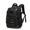 A black tactical waterproof backpack with camouflage pattern and adjustable straps.