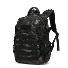 A black tactical waterproof backpack with camouflage pattern and adjustable straps.
