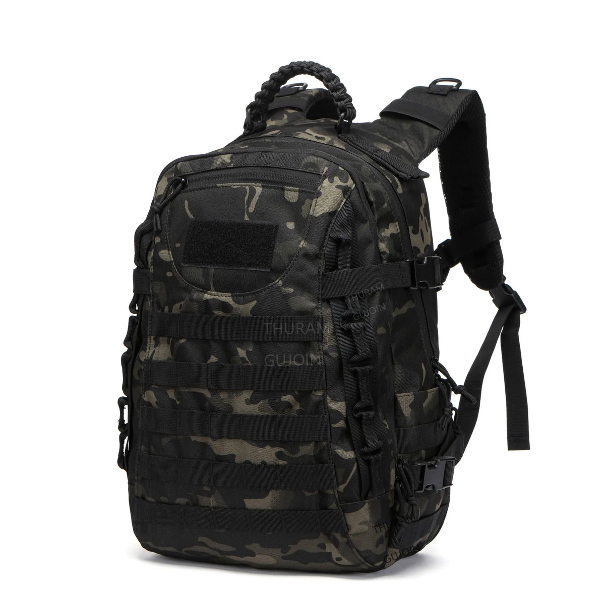 A black tactical waterproof backpack with camouflage pattern and adjustable straps.