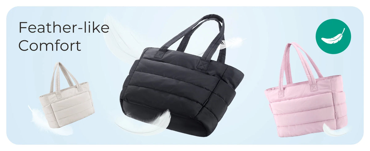 A comparison showing a black feather-like comfort tote bag next to a white and pink version.