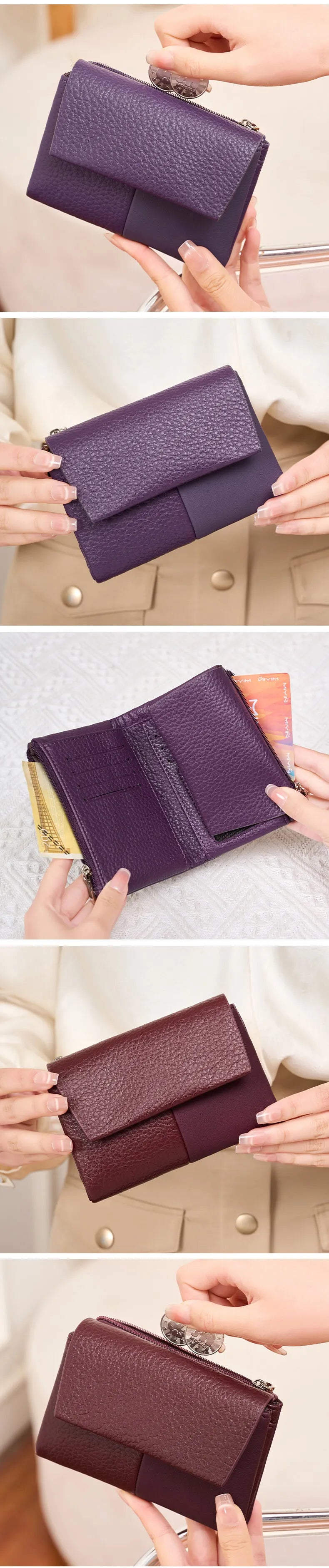 لقطة مقربة لمحفظة ثلاثية الطي أرجوانية لحجب بطاقات RFID وممسوكة بيد.