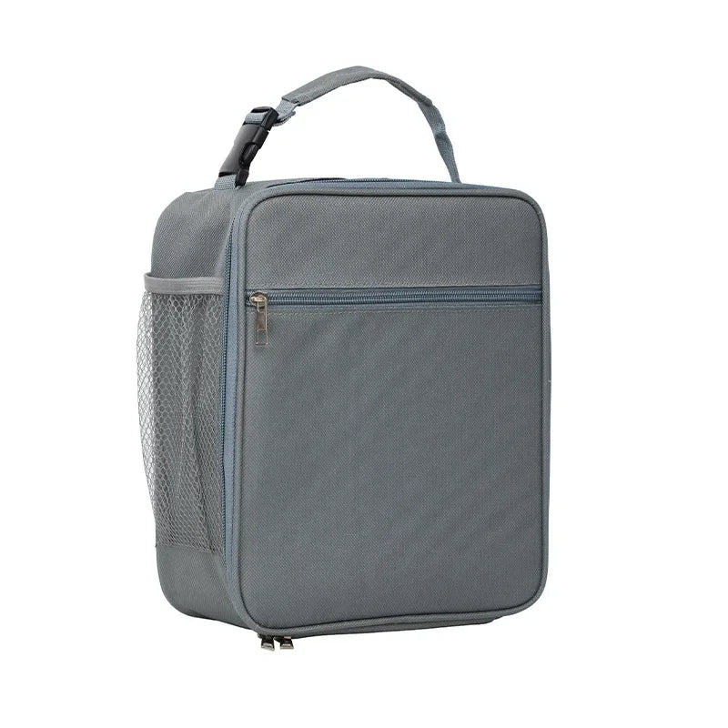 Graue isolierte Oxford-Stoff-Lunchtasche mit Reißverschlussfache und Netztasche.