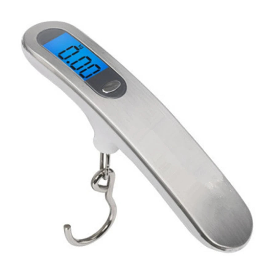 A silver portable digital luggage scale displaying a weight of 0.00.
