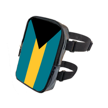 A black adjustable PU waist pouch featuring a diagonal design in teal and yellow.