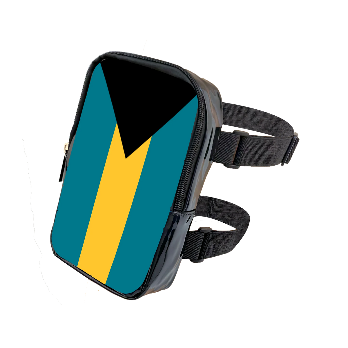 A black adjustable PU waist pouch featuring a diagonal design in teal and yellow.