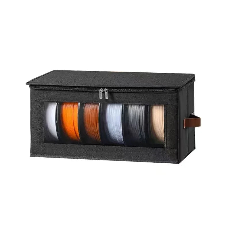 Schwarzes faltbares Filament-Lagerregal mit mehreren farbigen Spulen