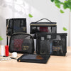 A collection of black mesh cosmetic storage pouches and a flat pouch are displayed on a wooden surface.