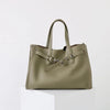A light olive green genuine leather women's shoulder tote bag with a flap closure.