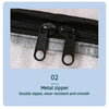 Close-up of a black metal zipper on a transparent woven storage bag.
