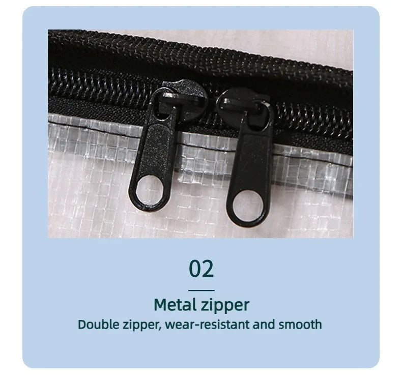 Close-up of a black metal zipper on a transparent woven storage bag.