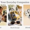 Three lifestyle shots showing a geometric colorblock knitted bucket bag used for city strolls, beach escapes, and effortless 