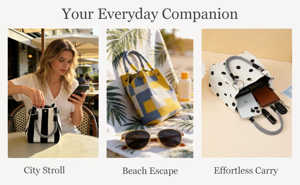 Three lifestyle shots showing a geometric colorblock knitted bucket bag used for city strolls, beach escapes, and effortless 
