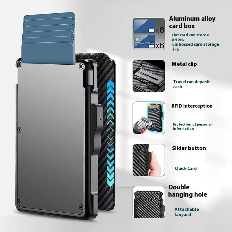 Portefeuille à deux plis argenté avec texture fibre de carbone, montrant une boîte pour carte en aluminium, un clip métalliqu